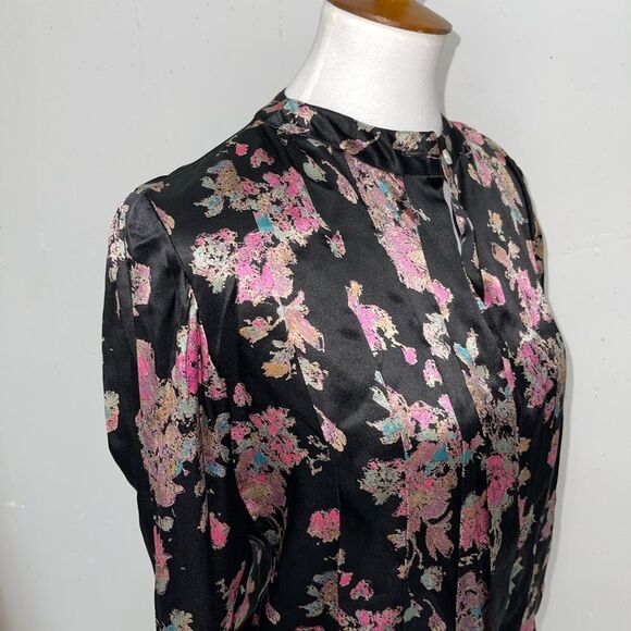 Vintage Black 100% silk pleated tailored floral button down blouse top medium 6 - Picture 7 of 12